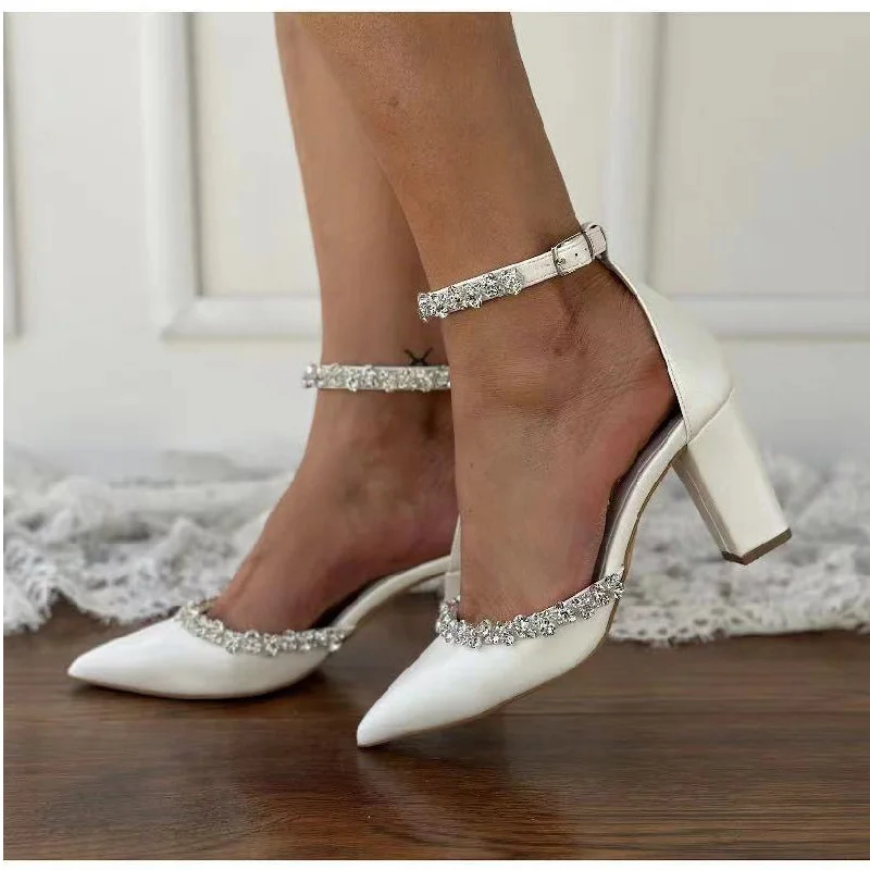 Markdowns layered dresslayered dressWhite Rhinestone Ankle Strap Pointy Block Heels 731350490264