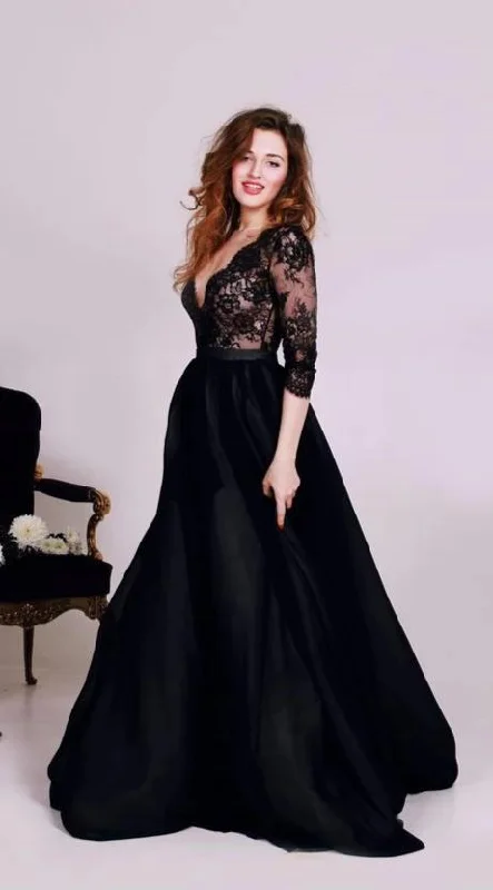 Overstock Sale winter dresswinter dressSexy Deep V-neckline Black Long Sleeve Lace Plus Size Evening Dress