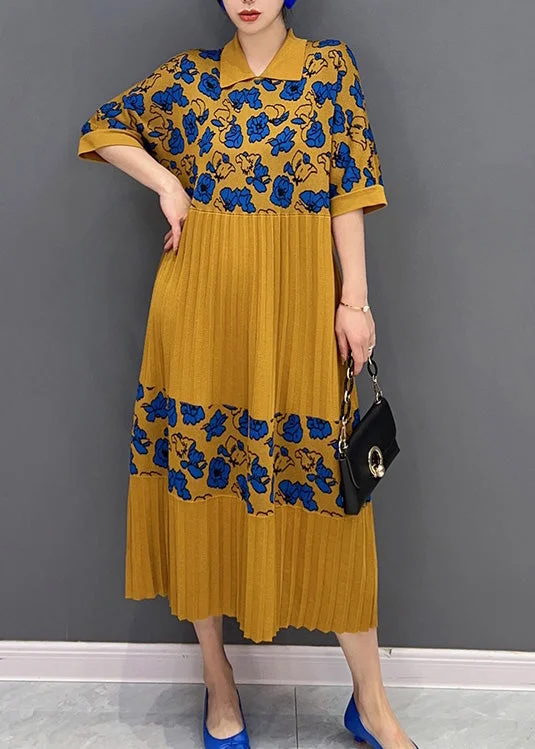 New Arrival ruched dressruched dressFrench Yellow Peter Pan Collar Print Knit Patchwork Maxi Dress Half Sleeve