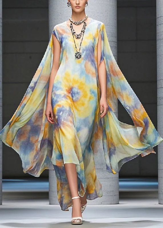 casual summer dressCasual Yellow Asymmetrical Tie Dye Chiffon Beach Dress Summer