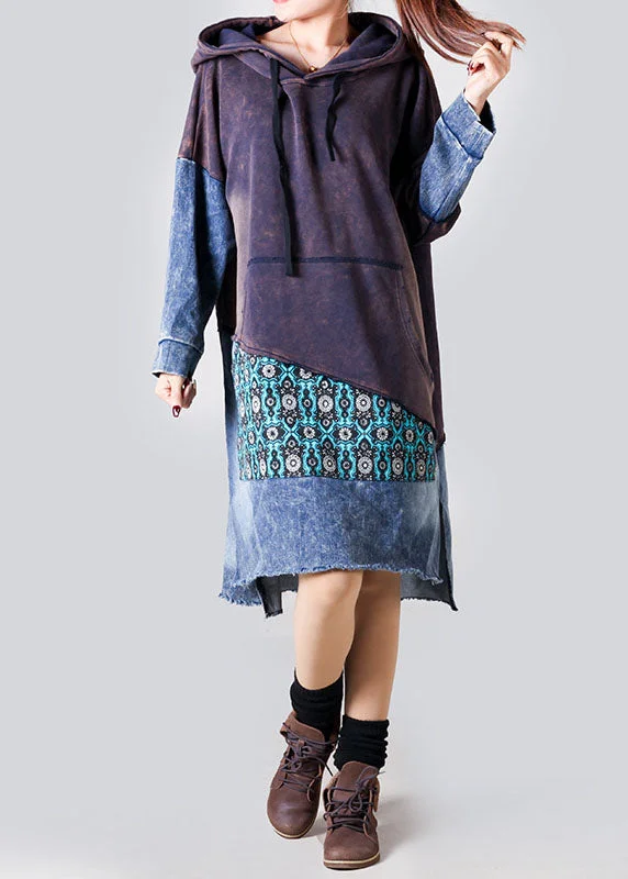 Savings Spectacular office dressoffice dressBoho Purple Hooded Denim Patchwork Cotton Dress Spring