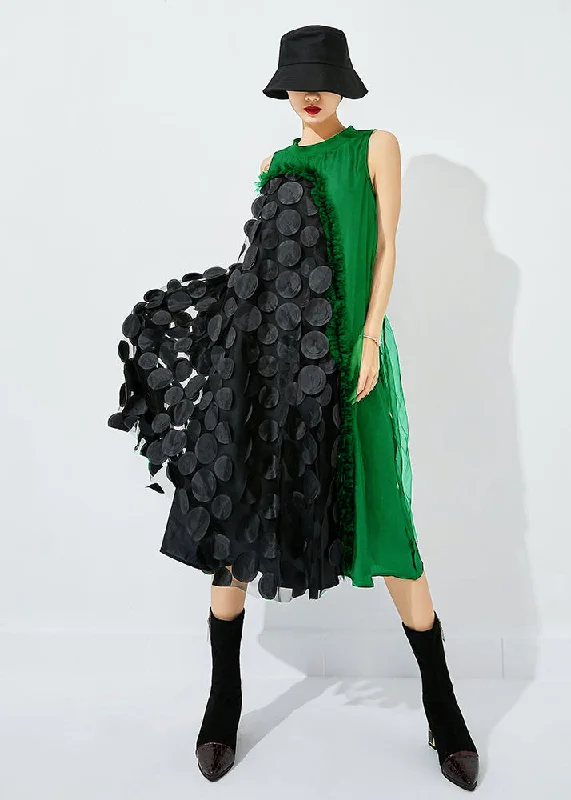 Instant Discount playful dressplayful dressBohemian Light Green-Black Dot Asymmetrical Patchwork Wrinkled Tulle Maxi Dress Sleeveless