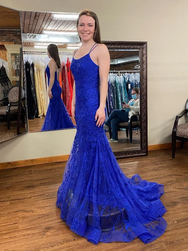 Super Deal modern dressmodern dressOpen Back Mermaid Blue Lace Long Prom Dresses, Blue Lace Formal Dresses, Mermaid Blue Evening Dresses SP2471