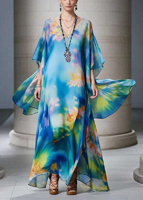 lace dressElegant Blue Oversized Print Chiffon Beach Dress Summer