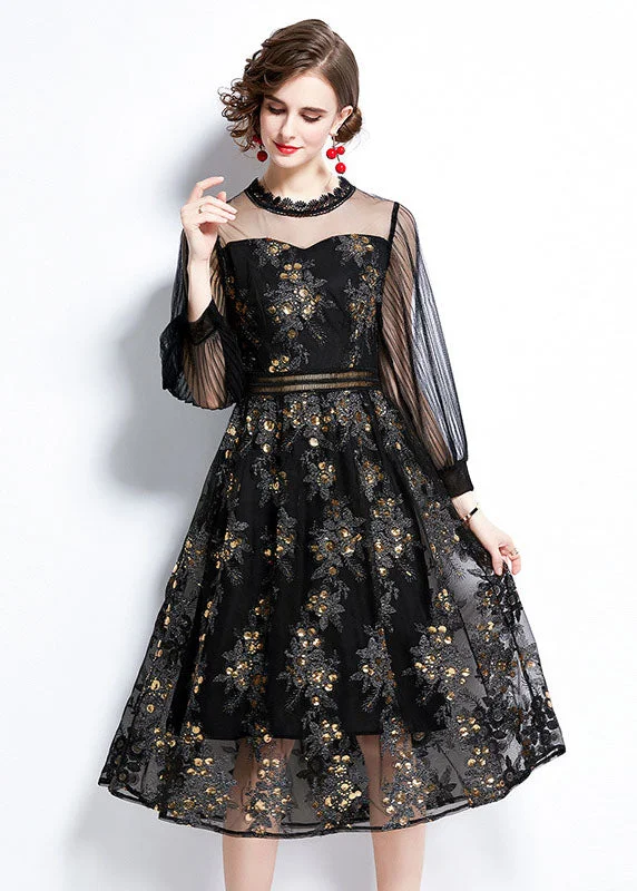 casual shift dressWomen Black Embroideried Sequins Patchwork Hollow Out Tulle Dress Fall