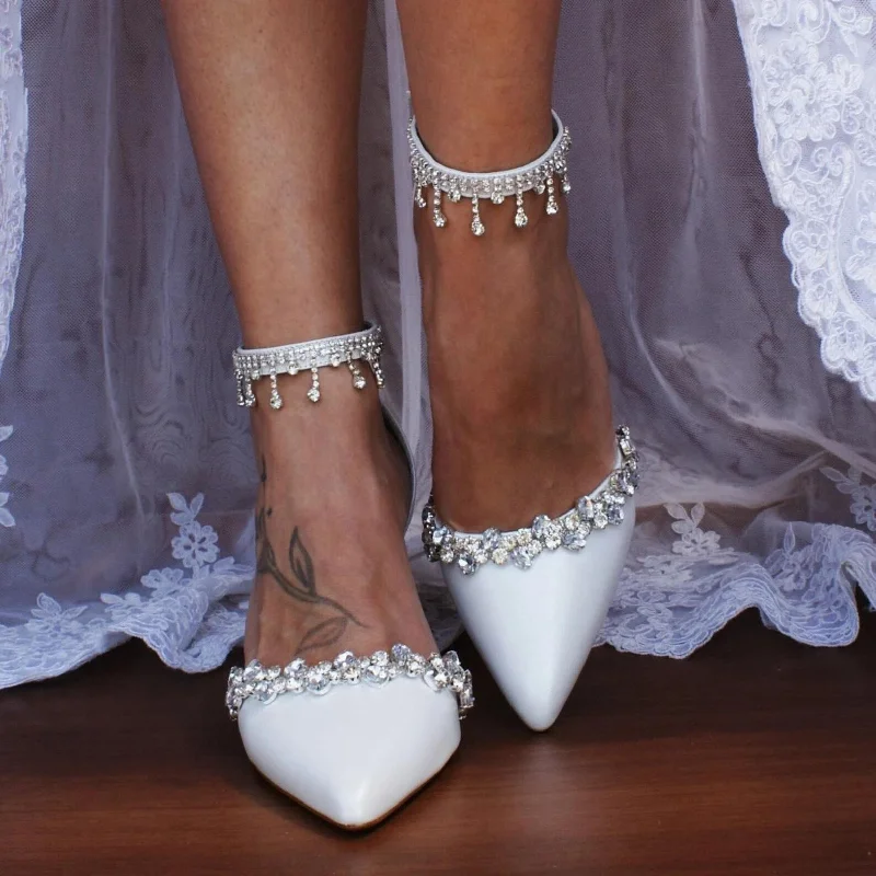 Low Prices wool dresswool dressWhite Rhinestone Ankle Strap Pointy Block Heels 709534419682