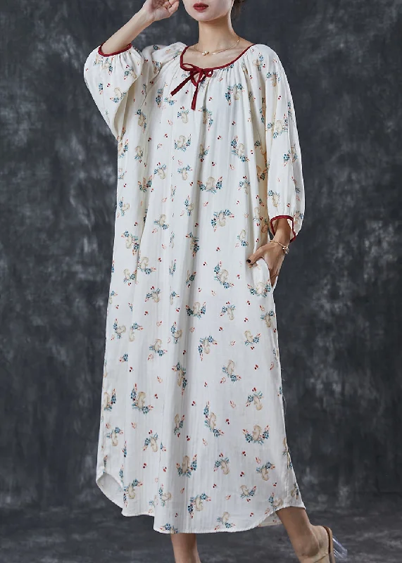 puff sleeve dressModern Milk White Oversized Print Cotton Long Dress Summer