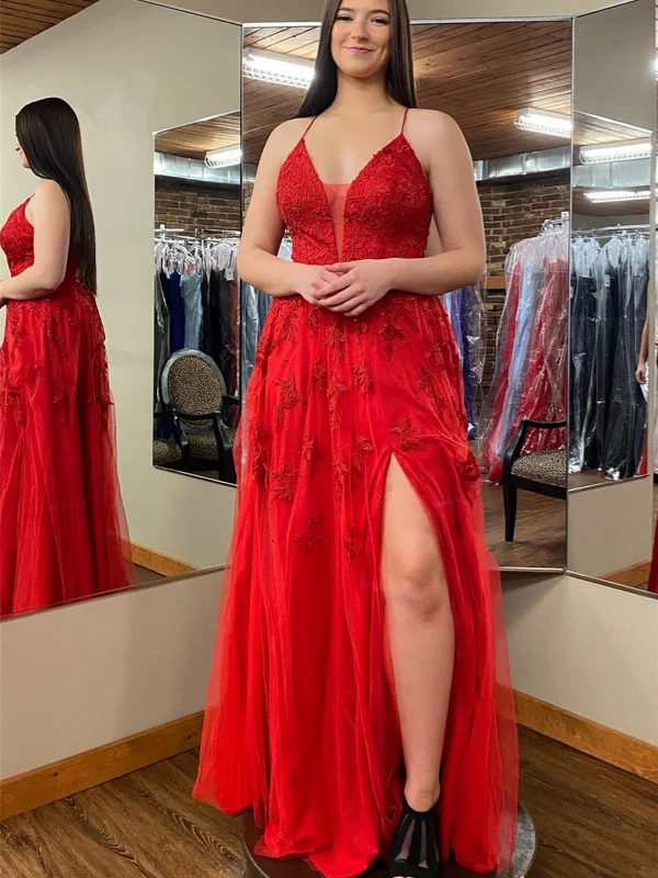 Clearance Items spaghetti strap dressspaghetti strap dressV Neck Open Back Red Lace Long Prom Dresses with High Slit, Red Lace Formal Dresses, Red Evening Dresses SP2848