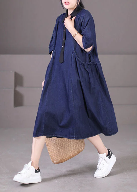 one-shoulder dressCasual Blue Peter Pan Collar Patchwork Wrinkled Cotton Vacation Denim Dresses Short Sleeve