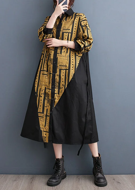 flowy evening dressYellow Patchwork Cotton Long Dresses Asymmetrical Fall