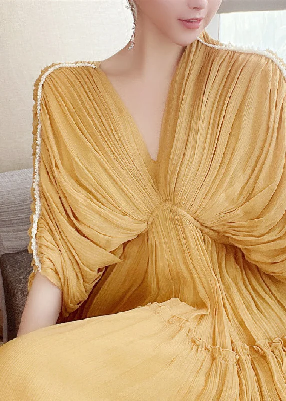 Deep Discounts satin midi dresssatin midi dressModern Yellow V Neck Ruffled Wrinkled Silk Long Dresses Short Sleeve