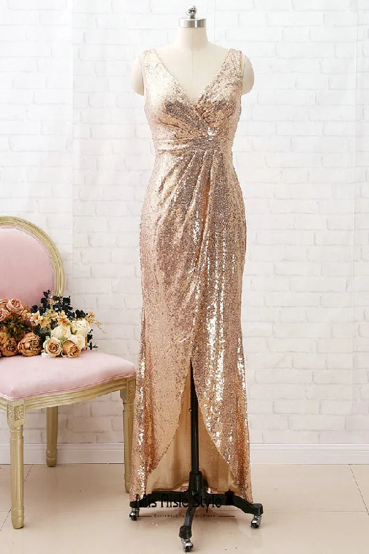 Discount Days silk dresssilk dressHigh Low Gold Sequins Wedding Guest Dress