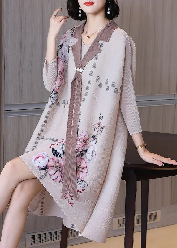 chic wrap dressPlus Size Apricot Peter Pan Collar Print Low High Design Maxi Dress Long Sleeve