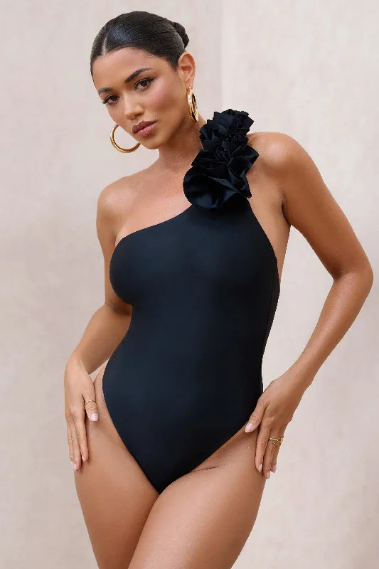 Clearance Items Octavias | Black One-Shoulder Floral Swimsuit