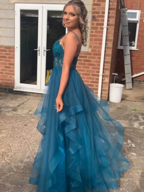 Customer Appreciation Sale vintage dressvintage dressV Neck Fluffy Blue Lace Long Prom Dresses, Blue Lace Formal Dresses, Blue Evening Dresses SP2660