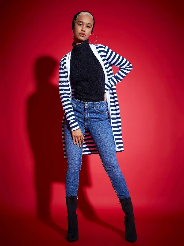 Deal of the Week soft gym hoodieWomen Navy & White Striped Front Open Sweater