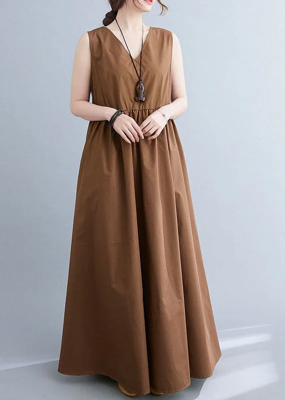 Special Savings pleated dresspleated dressStylish Coffee V Neck Patchwork Cotton Summer Dress Sleeveless