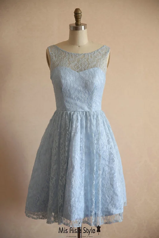 layered dressKnee length Vintage Light Blue Lace Bridesmaid Dress