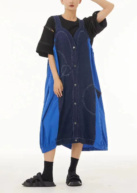 Crazy Savings modern dressmodern dressDenim Blue Patchwork Cotton Strap Dress Oversized Summer