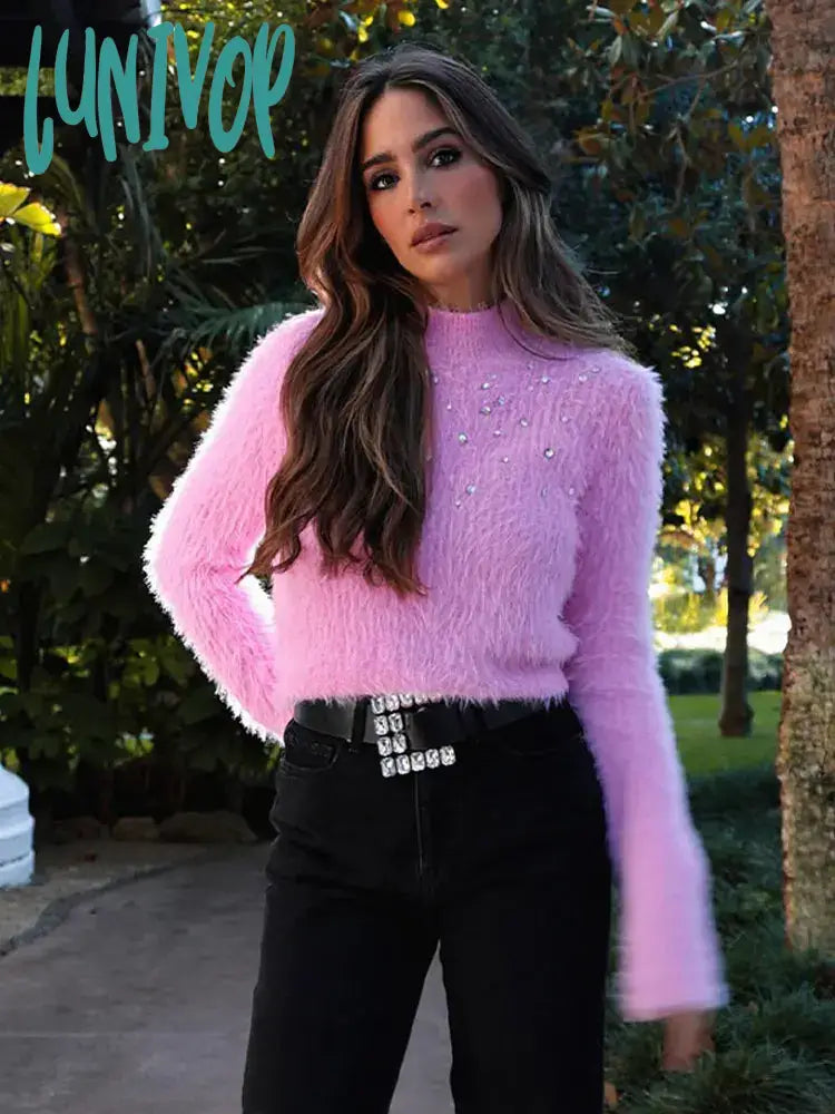 Overstock Lunivop Elegant Pink Mohair Knit Diamond Jumper For Women Long Sleeve Mock Neck Soft Warm Sweet Vrop Pullover 2024 Lady Chic Streetwears
