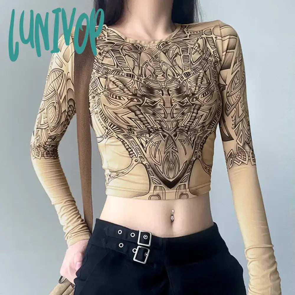 Deal Dash Lunivop Gothic Retro Mechanical Printed Long Sleeve T-shirt Autumn Women Y2K Sexy Slim Full Sleeve Pullovers Emo Grunge Punk Crop Top