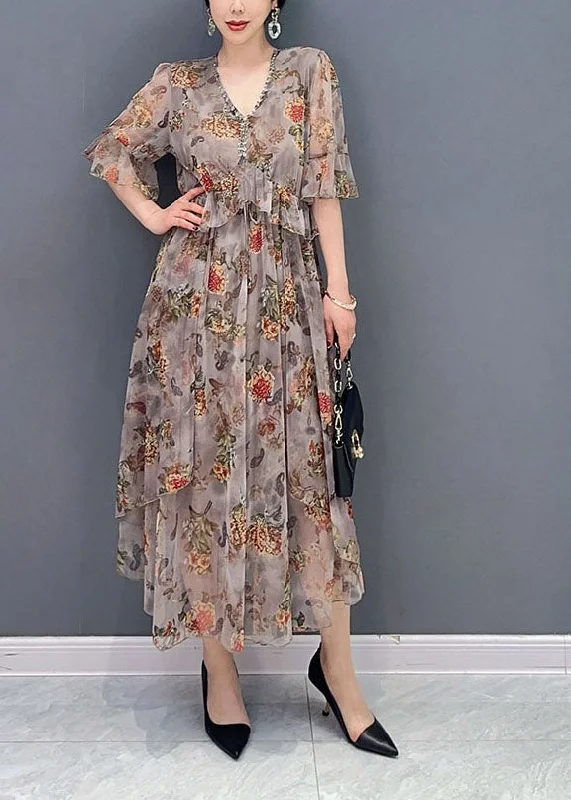 Special Discount casual evening dresscasual evening dressClassy Khaki V Neck Ruffles Print Chiffon Beach Dress Summer