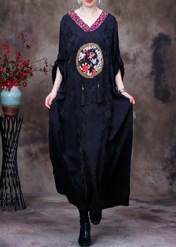 elegant shift dressVintage Black V Neck Butterfly Embroideried Tassel Silk Long Dresses Long Sleeve