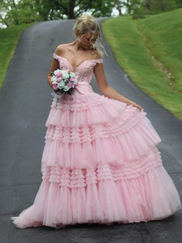 Lowest Prices puff sleeve dresspuff sleeve dressOff Shoulder V Neck Layered Pink Lace Long Prom Dresses, Pink Lace Formal Dresses, Long Pink Evening Dresses SP3062