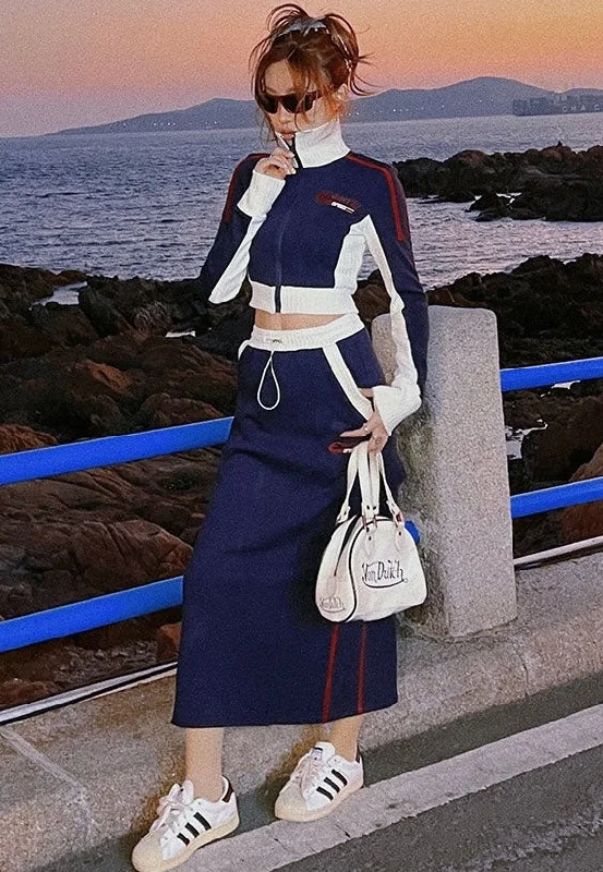 Special Discount Mary Patchwork Contrast Color Long Sleeve Zip Up Turtleneck Cropped Sweatshirt Long High Waisted Skirt Matching Set