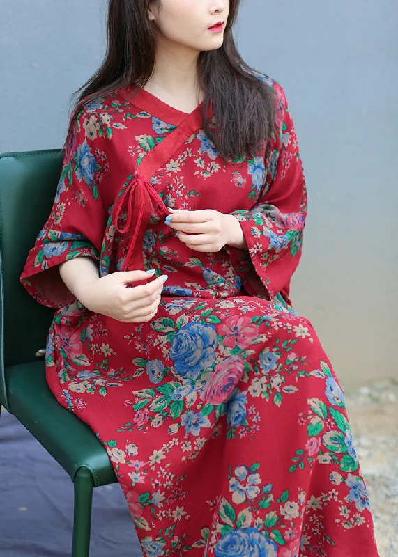 Don't Wait vintage-inspired dressvintage-inspired dressLoose Red V Neck Print Tie Long Robe Dresses Long Sleeve Don't Wait vintage-inspired dressvintage-inspired dressLoose Red V Neck Print Tie Long Robe Dresses Long Sleeve