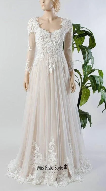 Mega Sale spaghetti strap dressspaghetti strap dressModest Long Sleeve Lace Wedding Dress