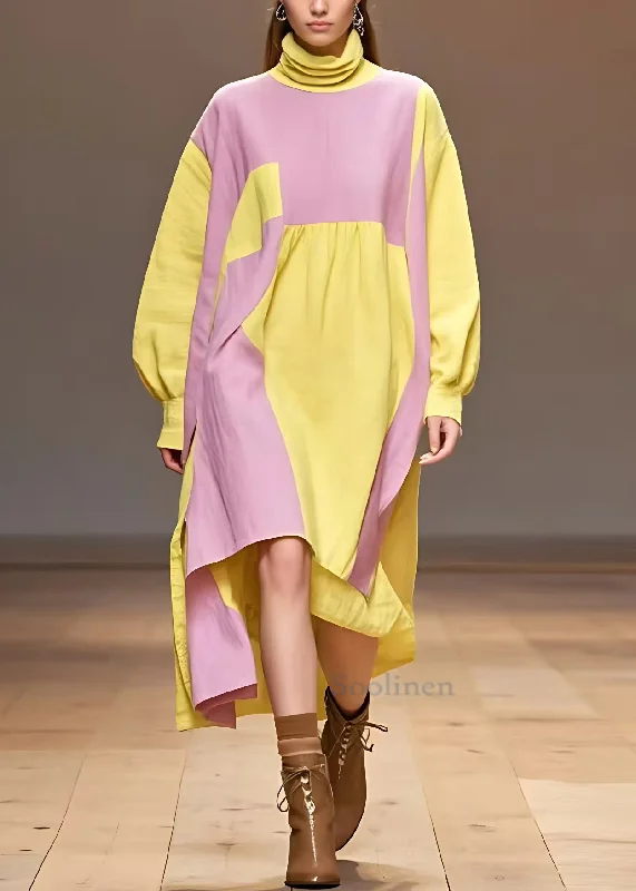 flowy maxi dressPlus Size Yellow Turtleneck Patchwork Cotton Dresses Long Sleeve