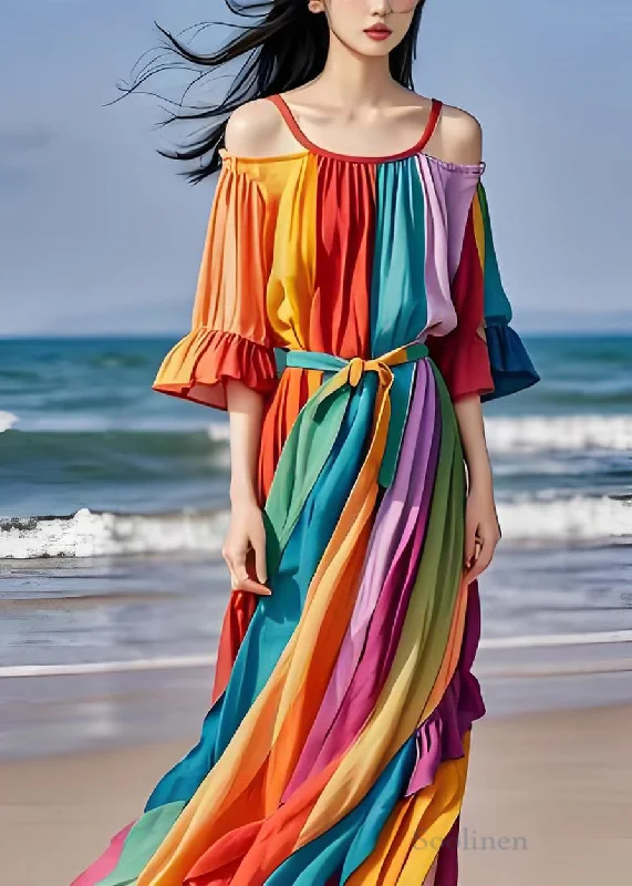 trendy wrap dressItalian Colorblock Cold Shoulder Ruffled Patchwork Chiffon Dress Summer