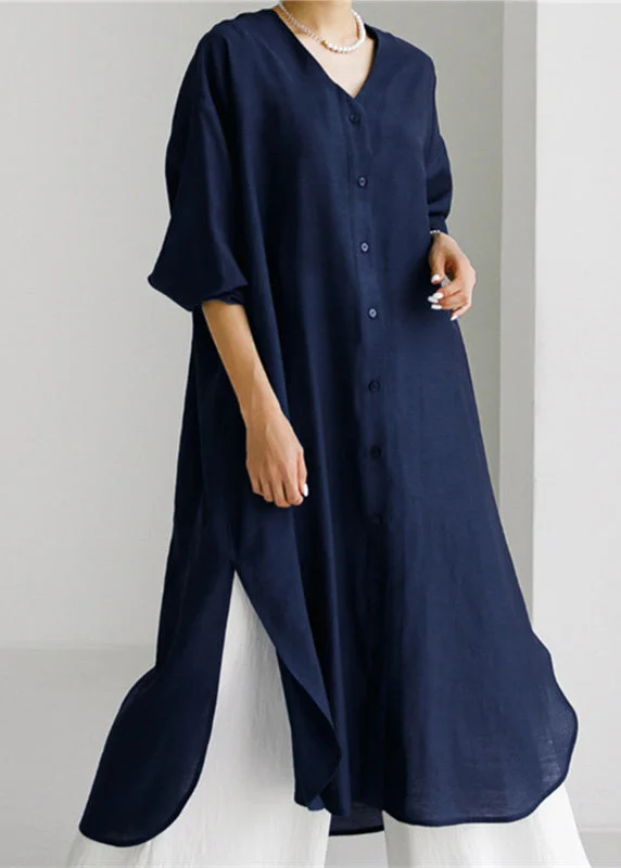 trendy mini dressNavy V Neck Side Open Maxi Dresses Long Sleeve