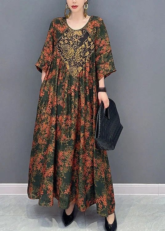 fitted dressBeautiful Green O Neck Print Patchwork Cotton Maxi Dresses Spring