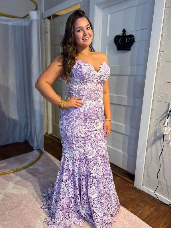 Sale Event classic fit-and-flare dressclassic fit-and-flare dressV Neck Open Back Mermaid Purple Lace Long Prom Dresses, Mermaid Purple Formal Dresses, Purple Lace Evening Dresses SP3082