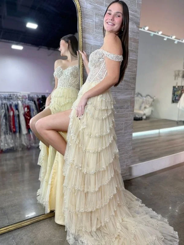 Mega Deal lace-up dresslace-up dressElegant Off Shoulder Champagne Lace Long Prom Dresses with High Split, Champagne Lace Formal Dresses, Champagne Evening Dresses SP2862