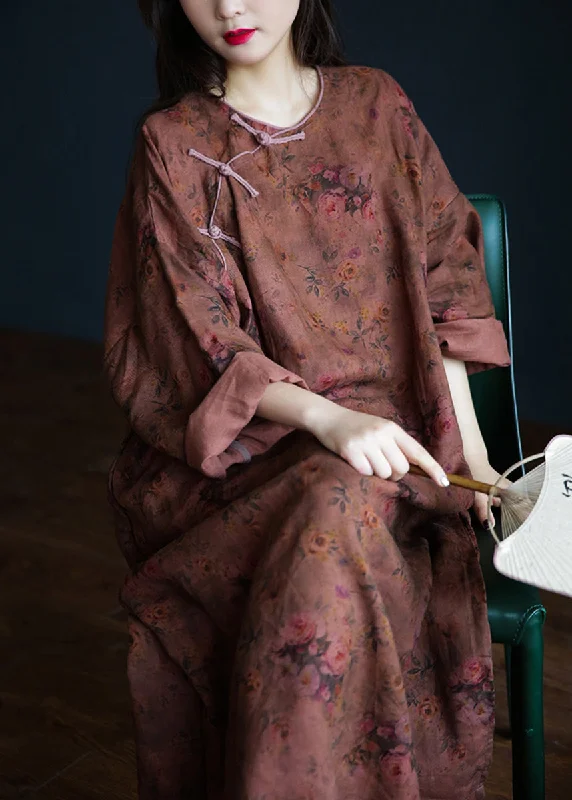 Can't Miss casual shift dresscasual shift dressRetro Chestnut Print Button Linen Long Dress Spring
