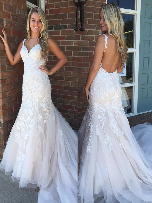 Reduced Prices high-waisted dresshigh-waisted dressV Neck Backless Mermaid Champagne Lace Long Prom Wedding Dresses with Train, Champagne Lace Formal Evening Dresses SP2266