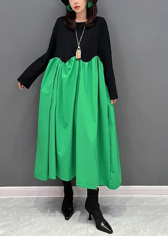 Bonus Savings high-waisted dresshigh-waisted dressLoose Green O-Neck Wrinkled Patchwork Maxi Dresses Winter