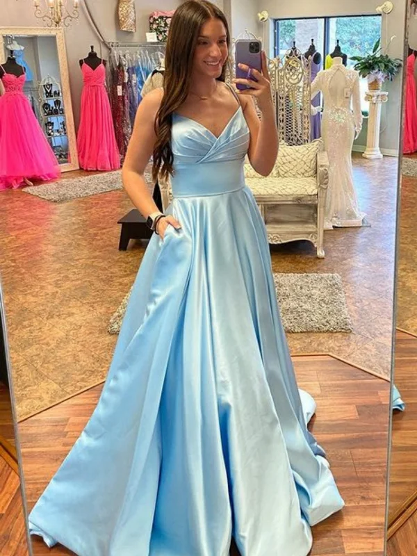 Factory Direct Sale casual slip dresscasual slip dressOpen Back V Neck Blue Long Prom Dresses with Pocket, V Neck Blue Formal Dresses, Blue Evening Dresses SP2702