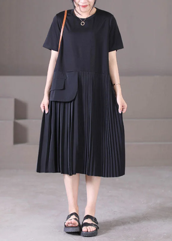 modern dressStyle Black O-Neck Wrinkled Patchwork Chiffon Pleated Dresses Short Sleeve