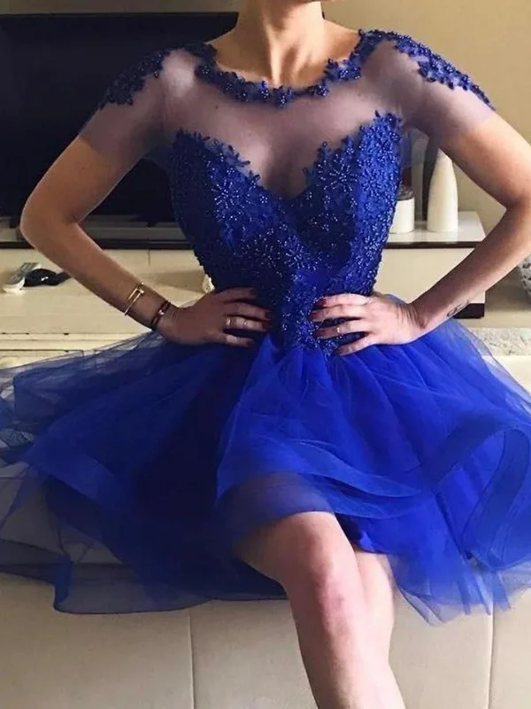 Crazy Savings backless dressbackless dressCap Sleeves Round Neck Blue Beaded Prom Homecoming Dresses, Short Blue Formal Graduation Evening Dresses with Beadings SP2458