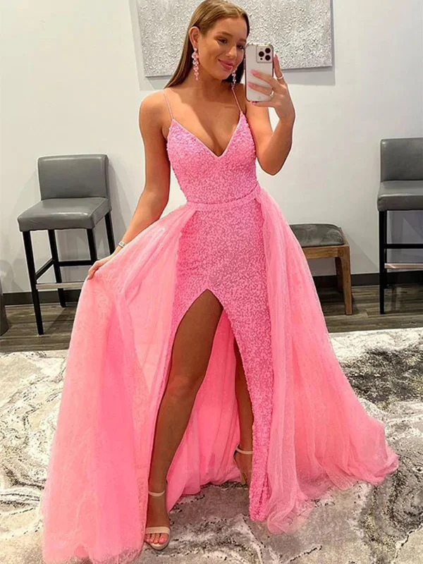 Deal Dash boho dressboho dressShiny Pink Sequins V Neck Mermaid Long Prom Dresses with High Slit, Mermaid Pink Formal Graduation Evening Dresses SP2326