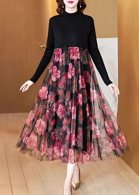 flowy dressBoutique Black High Neck Patchwork Tulle Print Knit Maxi Dresses Spring