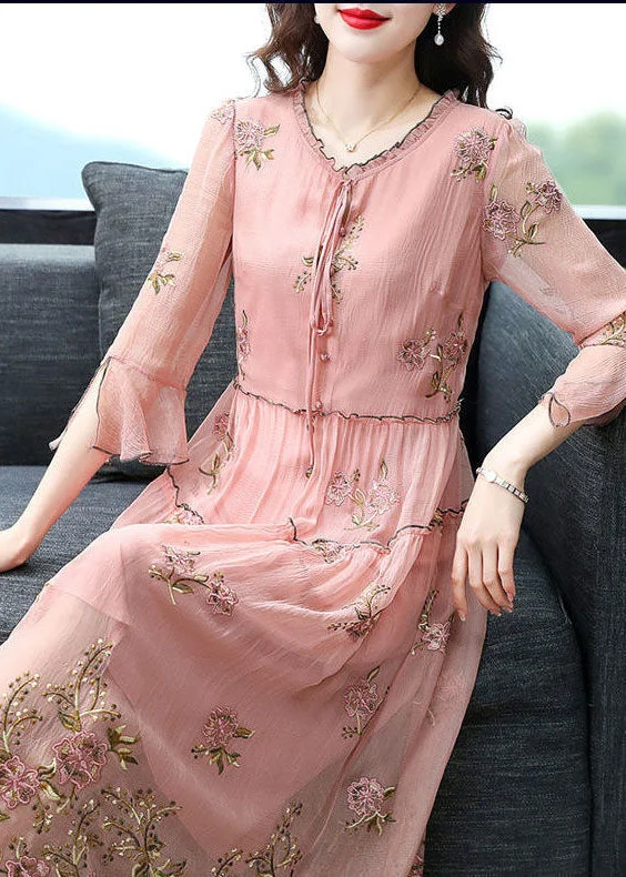 A-line dressFrench Pink Ruffled Collar Embroideried Silk Maxi Dresses Flare Sleeve