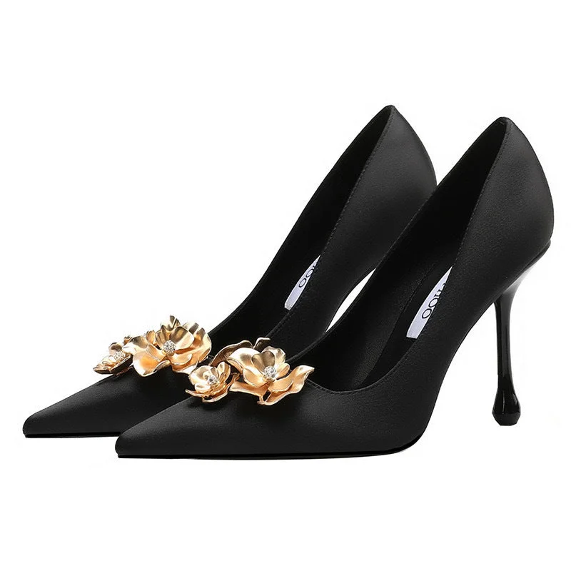 Act Fast puff sleeve dresspuff sleeve dress3D Flowers black Satin Pointy Stiletto Heels 769556407493