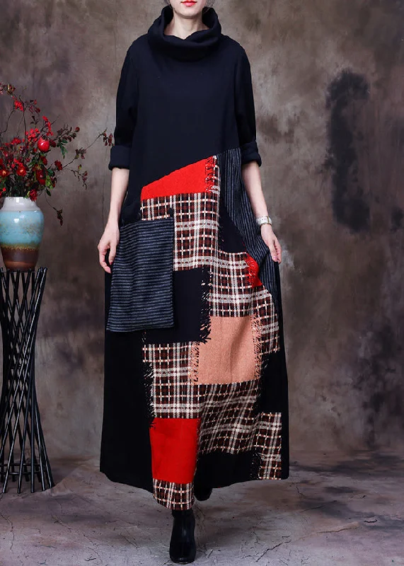 pleated dressArt Red Turtleneck Patchwork Pockets Woolen Maxi Dress Long Sleeve