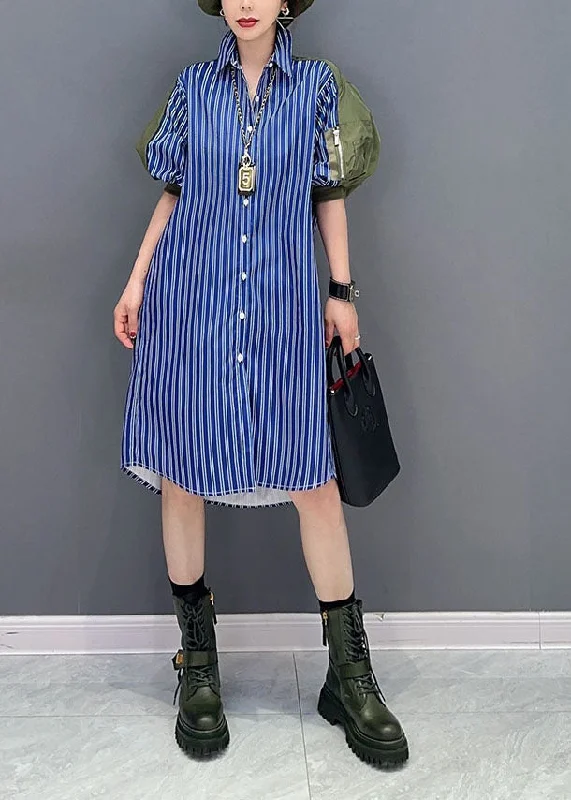 Amazing Deals chic dresschic dressArt Blue Striped Peter Pan Collar Patchwork Cotton Shirt Dresses Puff Sleeve