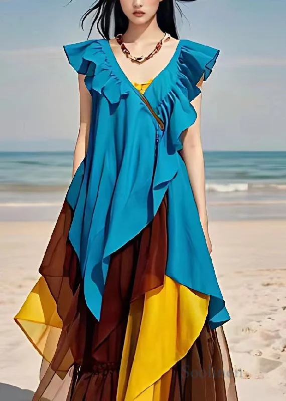 elegant maxi dressBohemian Blue V Neck Ruffled Patchwork Chiffon Dresses Sleeveless